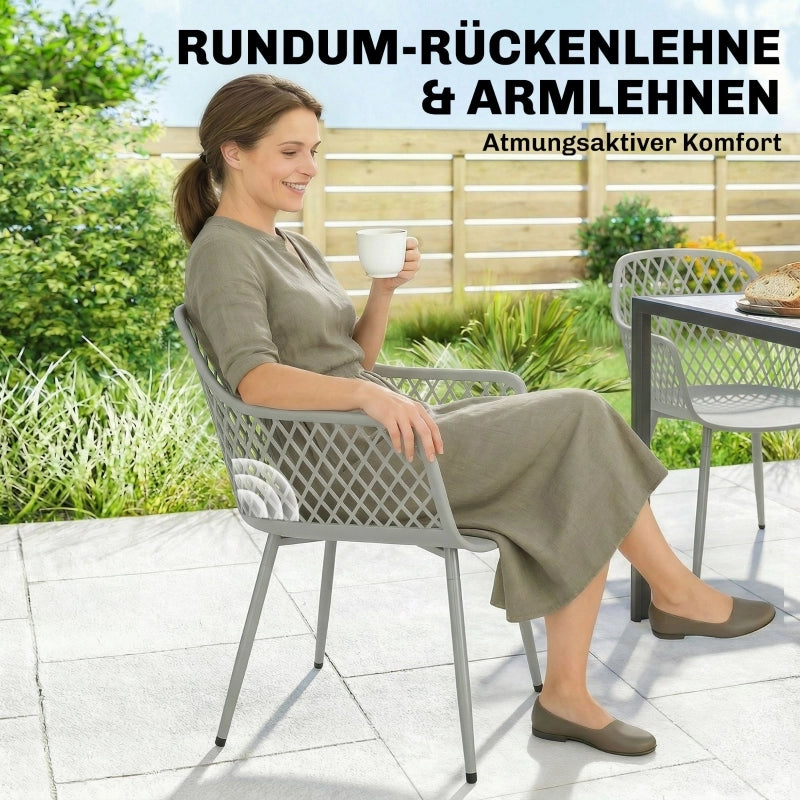 Set di 4 sedie da giardino, in plastica resistente ai raggi UV, con braccioli e schienale, 56 x 51 x 84 cm, colore grigio.