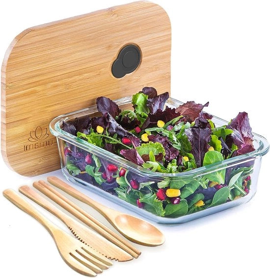 Bento-box in vetro e bambù per adulti e bambini - Scatola per pranzo per uomini e donne - Resistente a microonde, lavastoviglie e congelatore