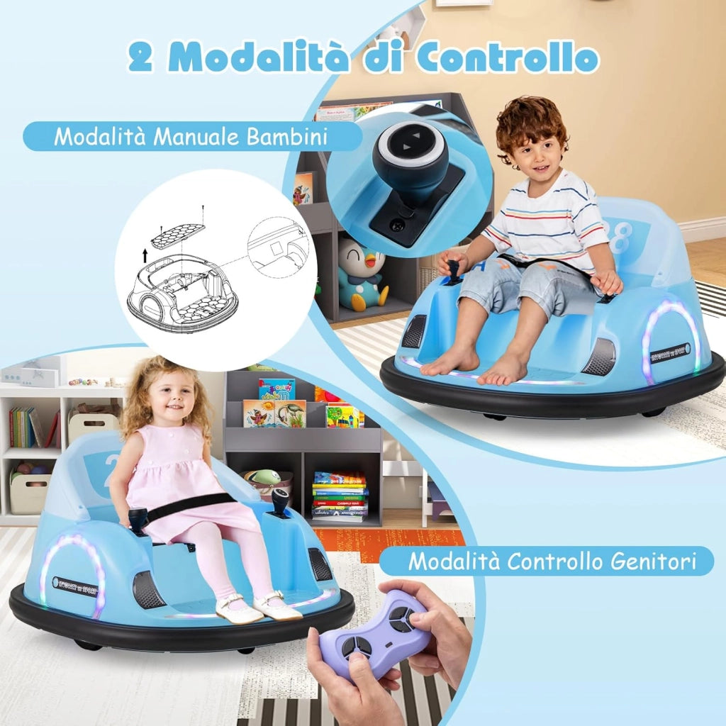 Autoscontro Elettrico per Bambini, Macchina Elettrica per Bambini con Luci LED, Connessione Wireless, Musica Giro a 360°, Macchina Cavalcabile per Bambini dai 18+ Mesi (Blu)