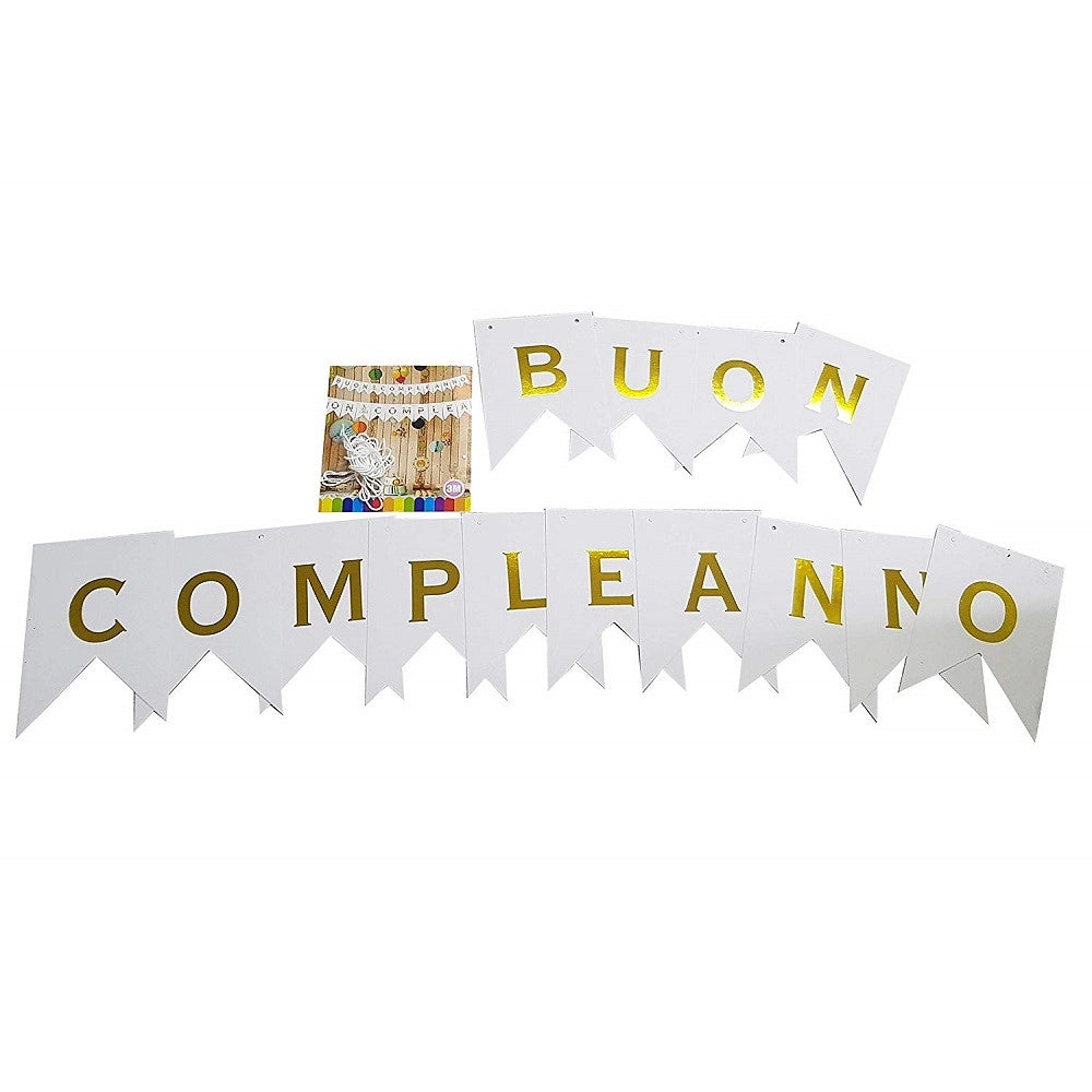 Trade Shop - Festone Scritta Buon Compleanno Bandierina Bianca Lettere Oro 3mt Carta Compleanni Festa -