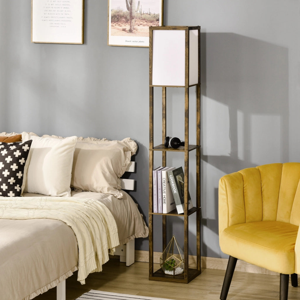 Lampada da Terra con 3 Mensole Integrate, Attacco E27 Potenza 40W, 26x26x160cm, Colore Legno