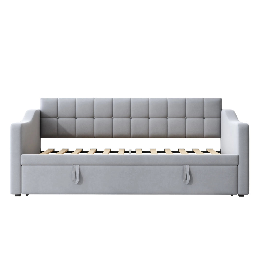 Letto imbottito estraibile 90x190 cm in velluto grigio chiaro con porte USB