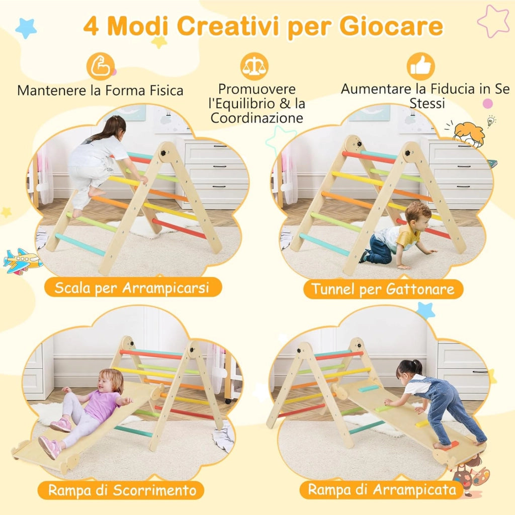 3 in 1 Set da Arrampicata per Bambini, Giocattoli da Arrampicata Triangolari Pieghevoli, Altezza Regolabili, con Scivolo/Rampe da Arrampicata, Carico 60 kg (Colorato)