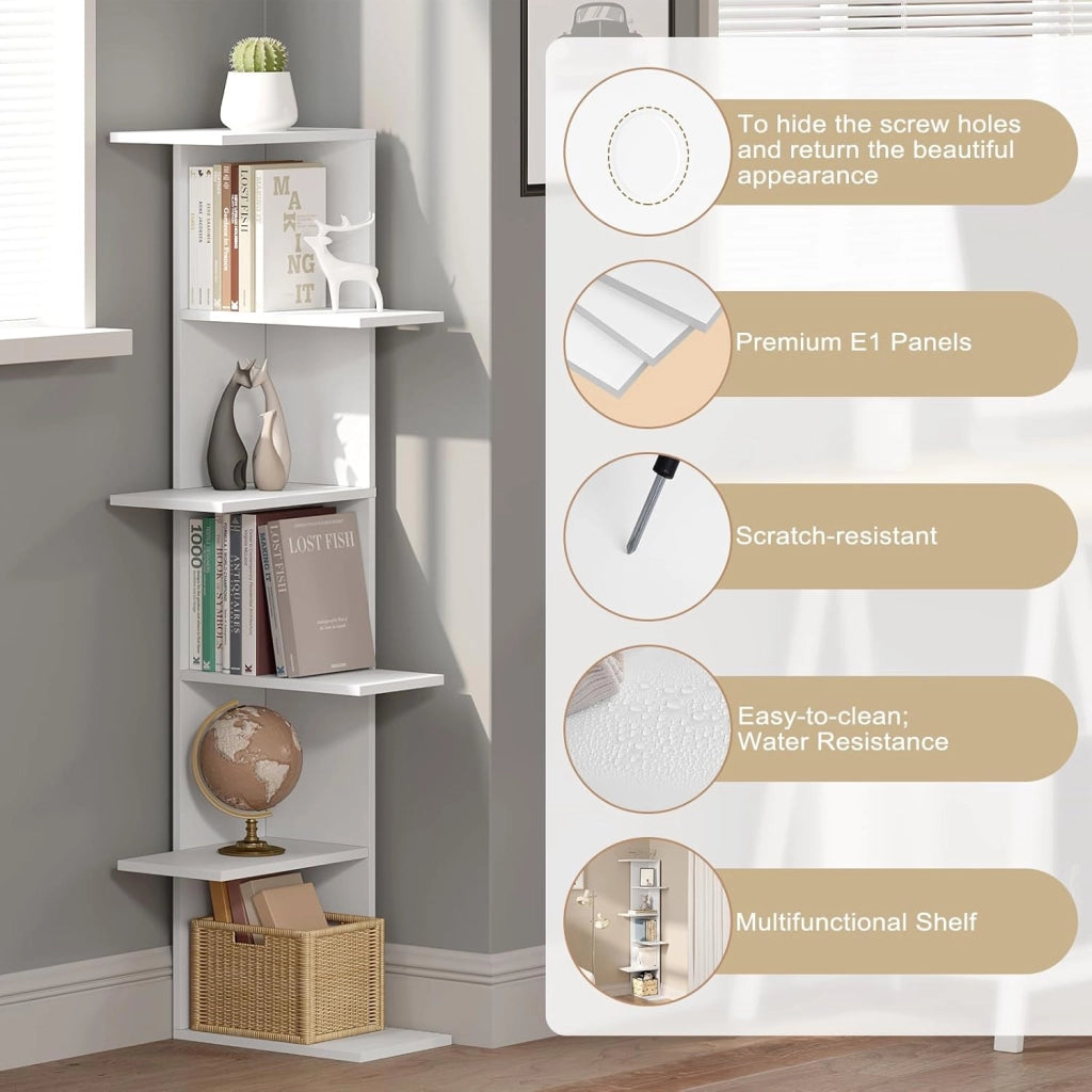 Libreria ad Angolo, Scaffale Bianco a 6 Ripiani Aperti e Sfalsati, Scaffale Portaoggetti per Soggiorno, Camera da Letto, Ingresso, 37x37x140cm