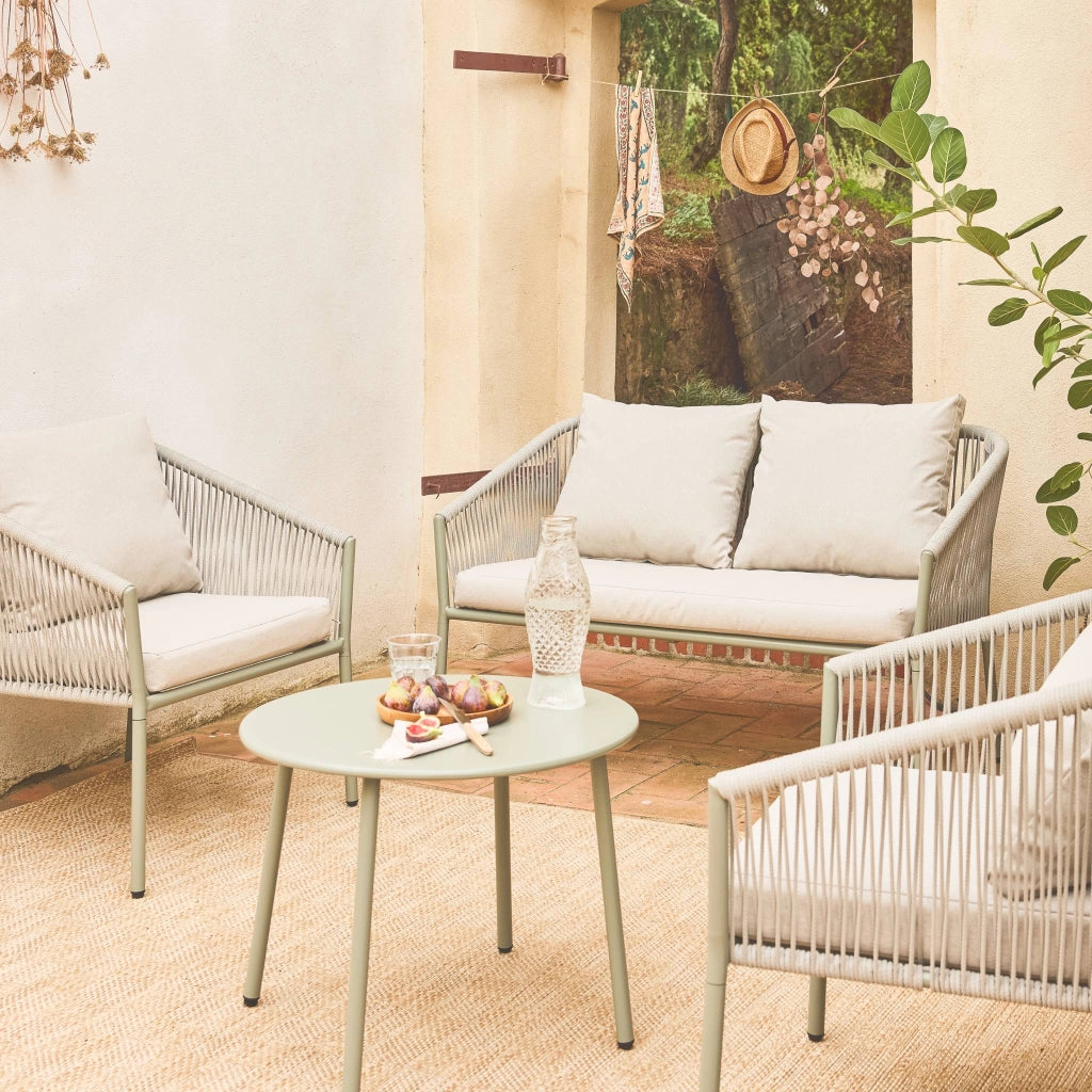 Salotto da giardino in acciaio e corde in resina, 4 posti, beige