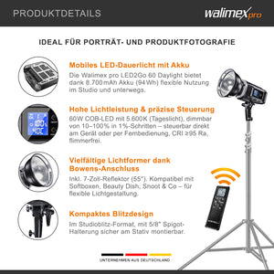 LED2Go 60 Faro per fotografia 60 W Luce LED fotografica con batteria, per foto e video, attacco Bowens tipo S, tecnologia COB