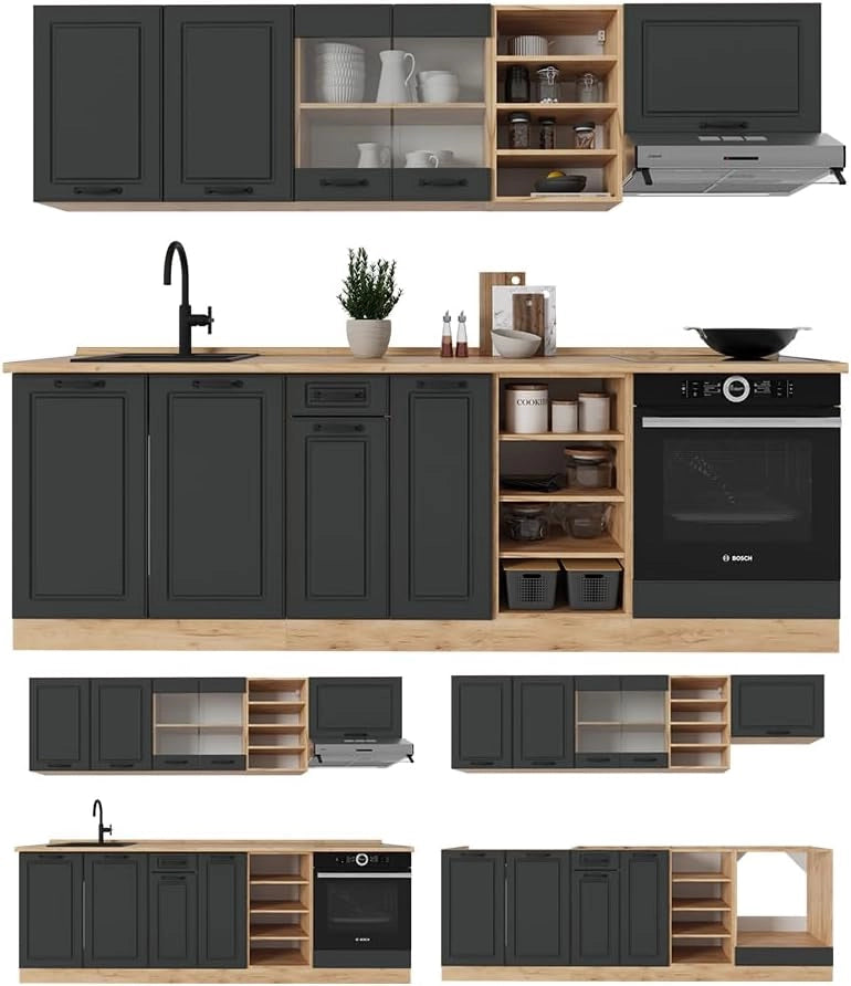 Cucina componibile R-Line, Calcestruzzo/quercia dorata, 240 cm senza piano di lavoro