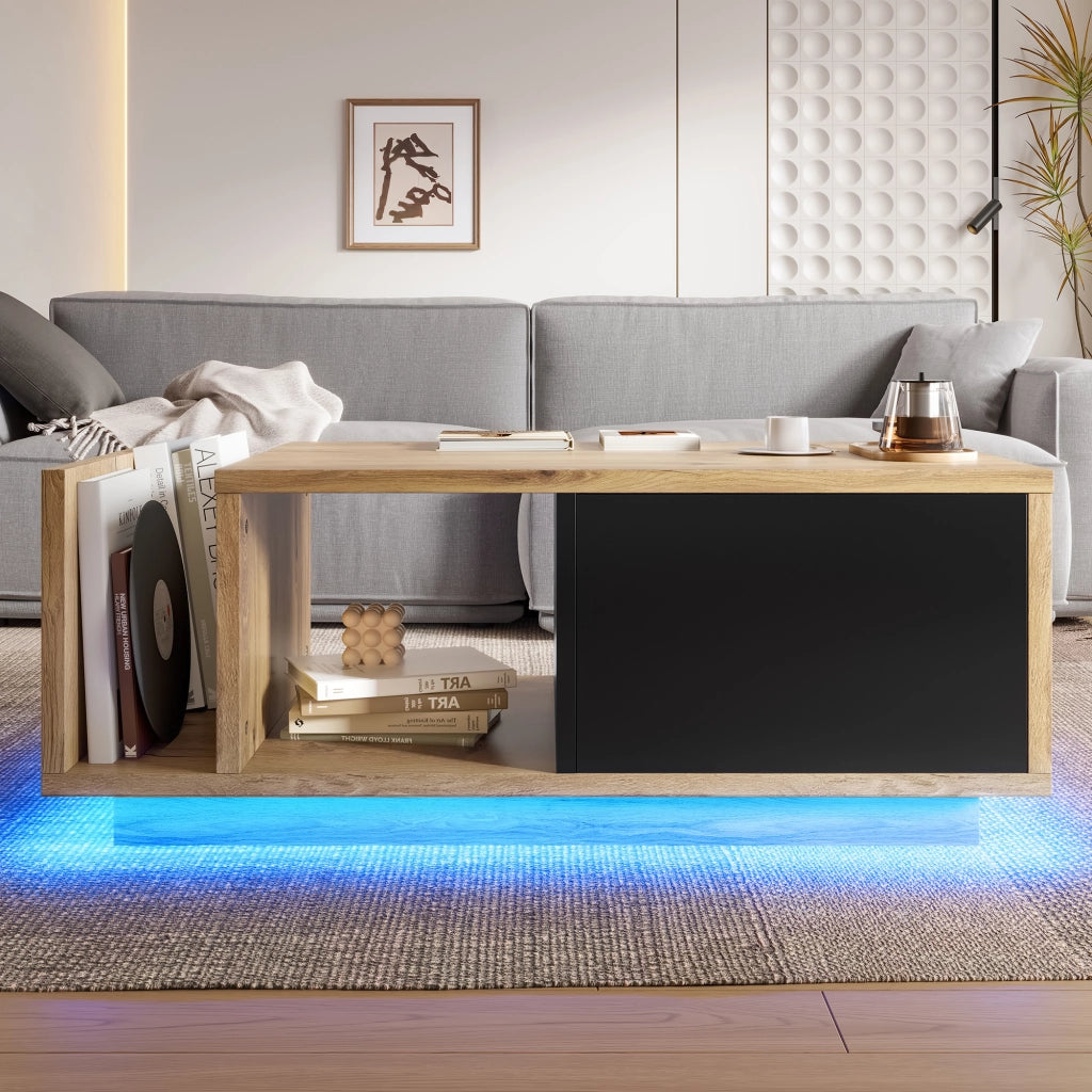 Tavolino basso con LED, 1 cassetto e vano aperto, stile retro, per soggiorno, in legno ingegnerizzato, naturale