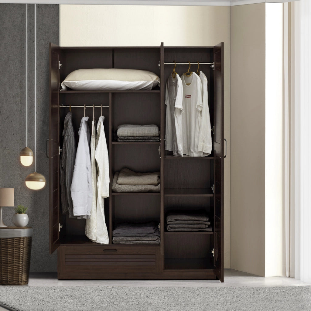 Armadio Guardaroba Finning con Ante a Persiana e Cassetto 176 x 120 x 52 cm Effetto Noce Scuro [en.casa]