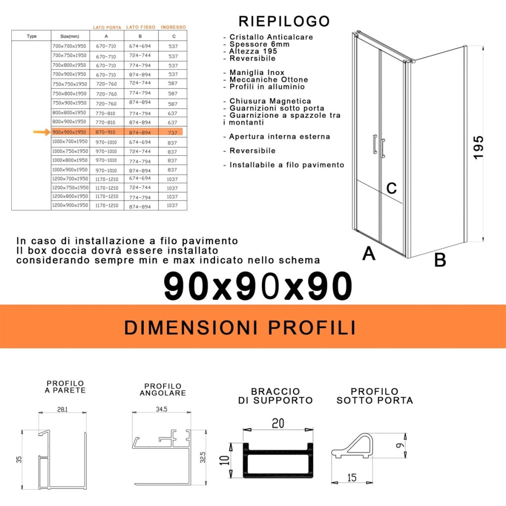 Box doccia saloon tre lati senza profili trasparente 6mm h195 dobla, misura 90x90x90