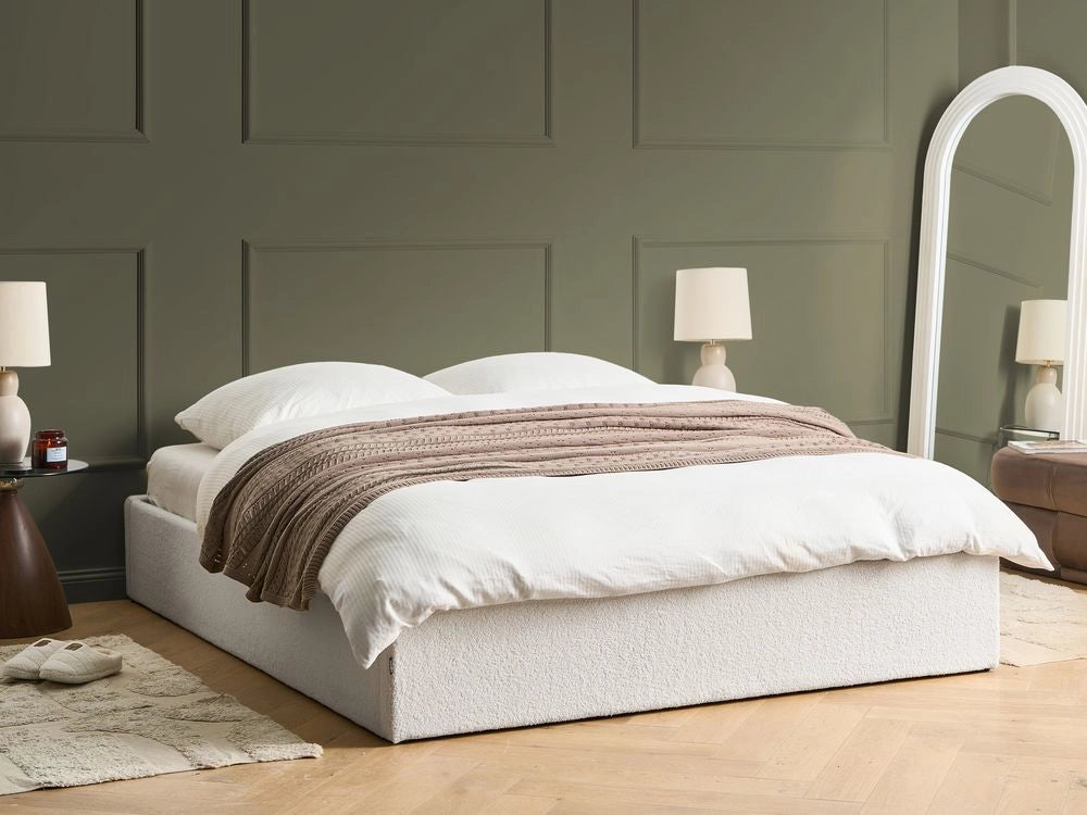 Letto matrimoniale con contenitore in tessuto bouclè bianco sporco 160 x 200 cm portaoggetti stile moderno