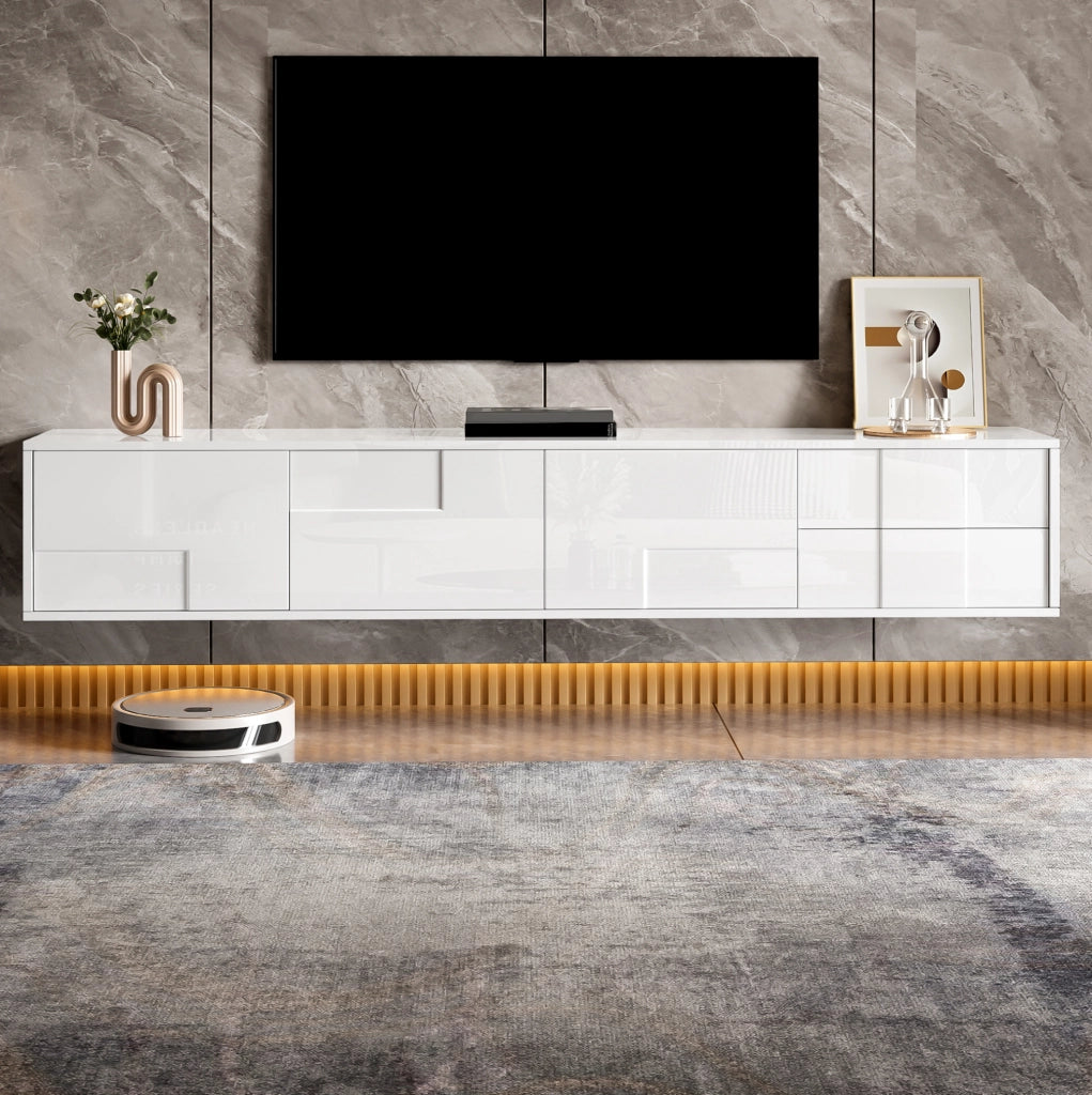 Mobile TV bianco 170 cm con 3 ante e 2 cassetti, sospeso o da terra