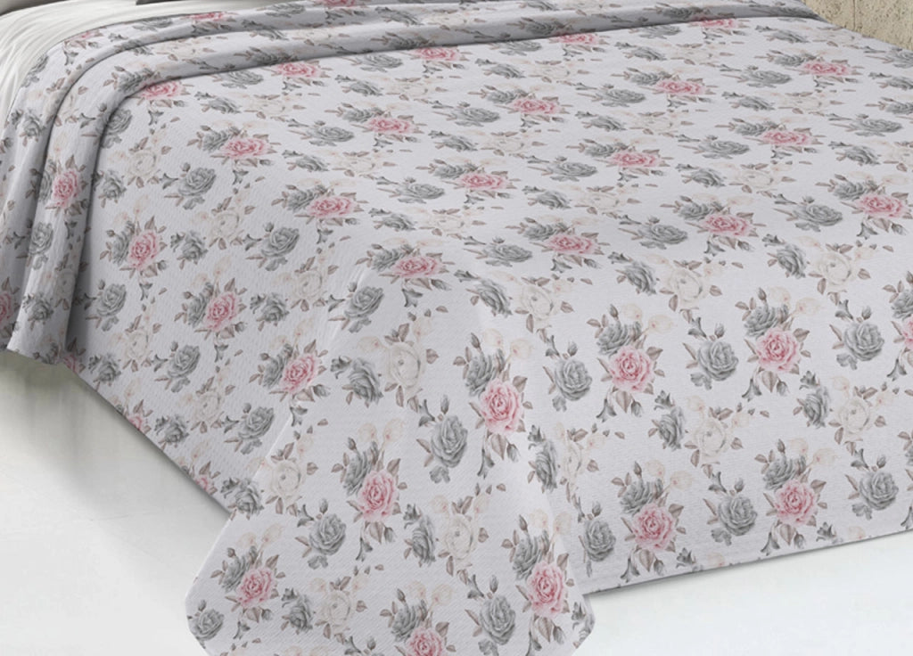 Copriletto Piquet Primavera Estate 100% Cotone Disegno Rosa Grande Floreale - Singolo - Grigio