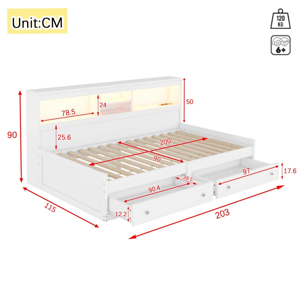 Divano letto 90x200 cm con LED e USB; prese e 2 cassetti truciolare bianco (Senza materasso)