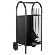 Portalegno in metallo con attrezzi da camino nero 35x32x81h