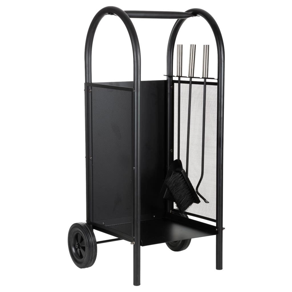 Portalegno in metallo con attrezzi da camino nero 35x32x81h