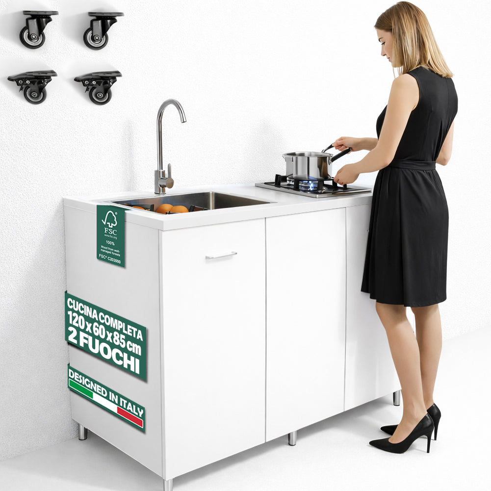 Cucina Completa 120x60cm Bianco Piano Cottura 2 Fuochi Lavello con Rubinetteria