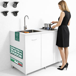 Cucina Completa 120x60cm Bianco Piano Cottura 2 Fuochi Lavello con Rubinetteria