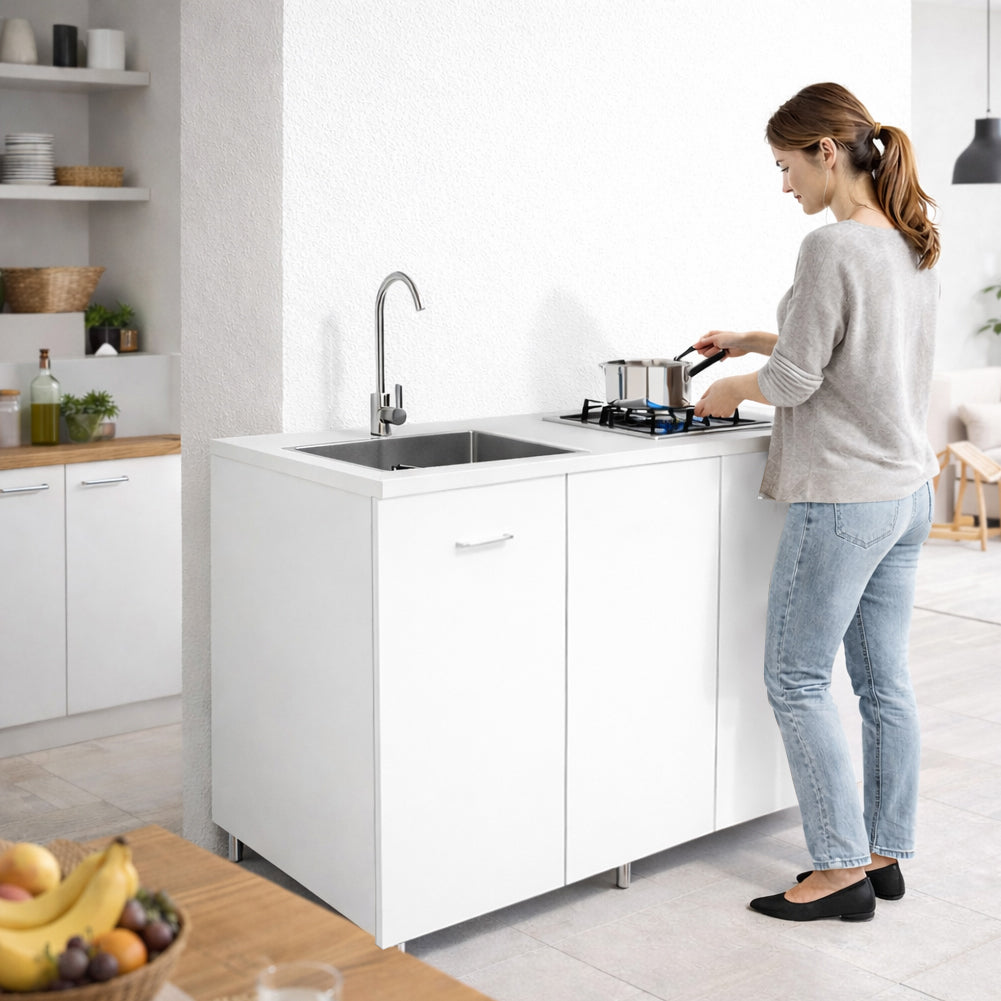 Cucina Completa 120x60cm Bianco Piano Cottura 2 Fuochi Lavello con Rubinetteria