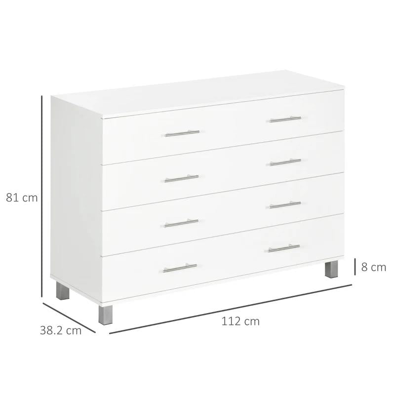 CASSETTIERA 4 CASSETTI PER CAMERA DA LETTO IN LEGNO CON MANIGLIE IN METALLO, BIANCO