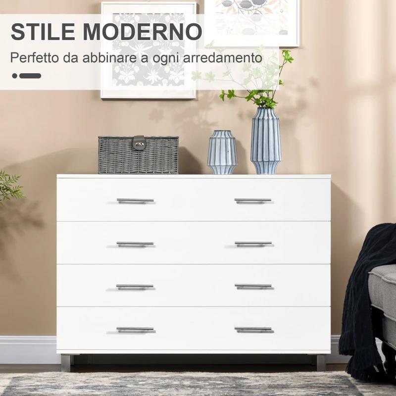 CASSETTIERA 4 CASSETTI PER CAMERA DA LETTO IN LEGNO CON MANIGLIE IN METALLO, BIANCO
