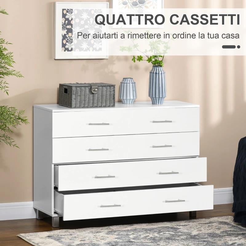 CASSETTIERA 4 CASSETTI PER CAMERA DA LETTO IN LEGNO CON MANIGLIE IN METALLO, BIANCO