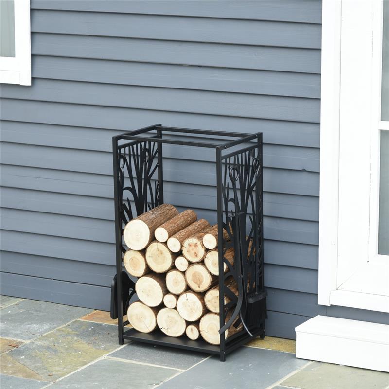 PORTALEGNA PER CAMINO IN ACCIAIO NERO E ANTIRUGGINE CON ACCESSORI 46 X 29 X 70CM