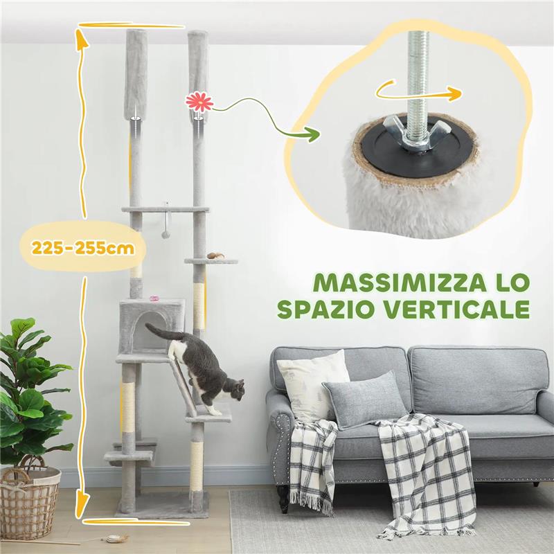 ALBERO TIRAGRAFFI A SOFFITTO CON ALTEZZA REGOLABILE 225-255 CM CON CASETTA E AMACA, GRIGIO CHIARO