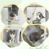 ALBERO TIRAGRAFFI A SOFFITTO CON ALTEZZA REGOLABILE 225-255 CM CON CASETTA E AMACA, GRIGIO CHIARO