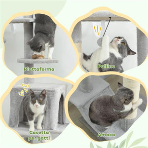 ALBERO TIRAGRAFFI A SOFFITTO CON ALTEZZA REGOLABILE 225-255 CM CON CASETTA E AMACA, GRIGIO CHIARO