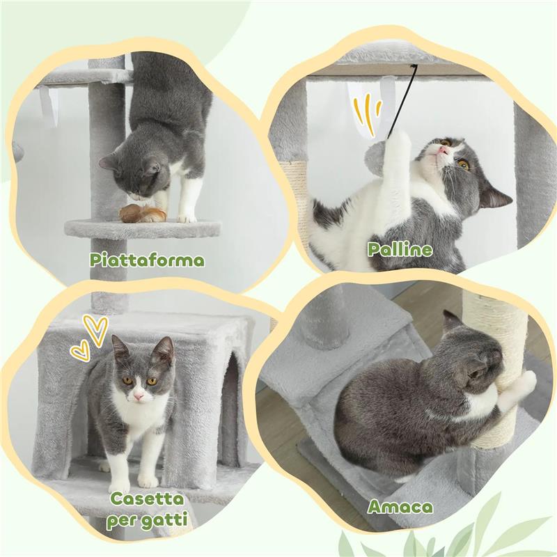 ALBERO TIRAGRAFFI A SOFFITTO CON ALTEZZA REGOLABILE 225-255 CM CON CASETTA E AMACA, GRIGIO CHIARO