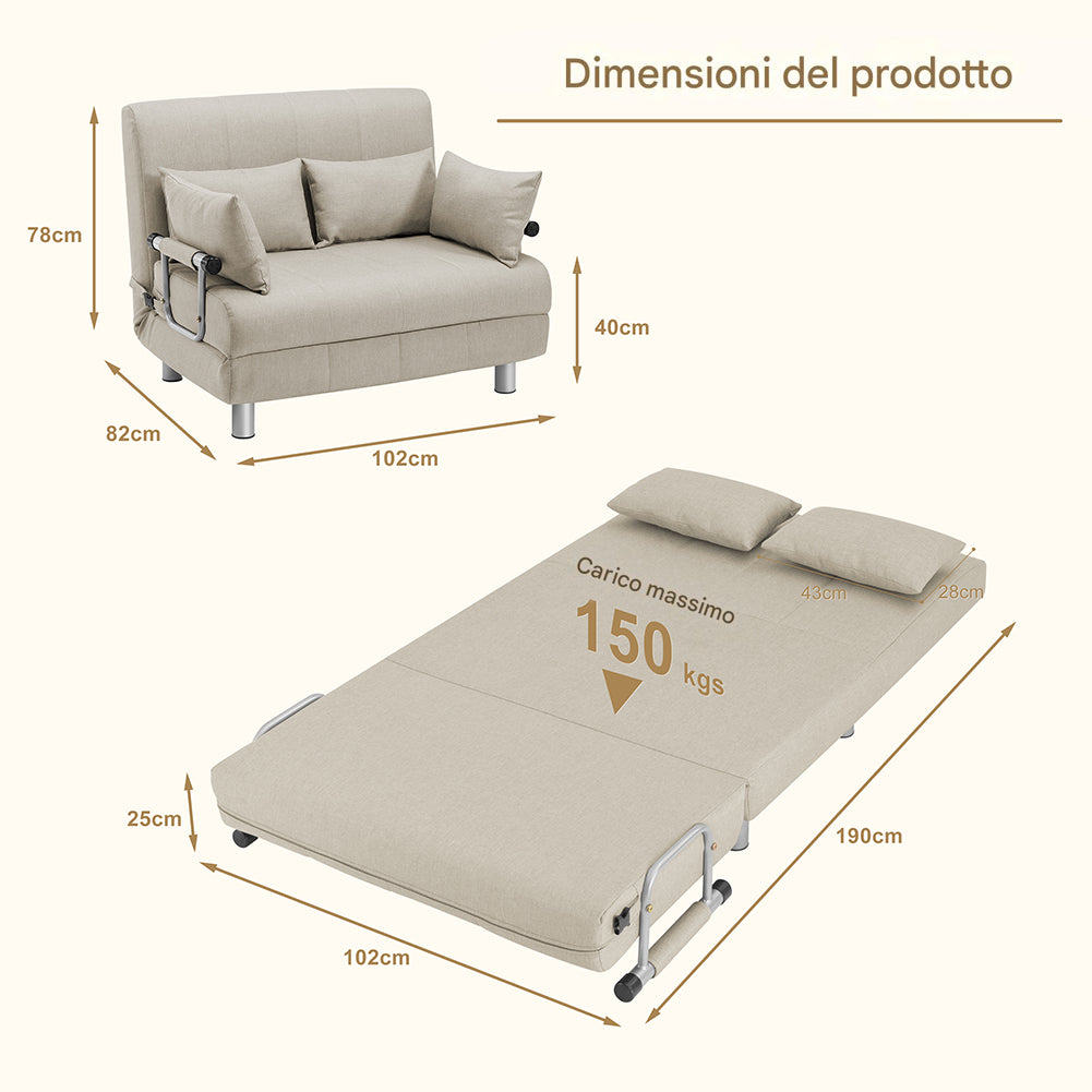 Divano Poltrona Letto 2 Posti Schienale Reclinabile in Metallo e Tessuto Salvaspazio Crema