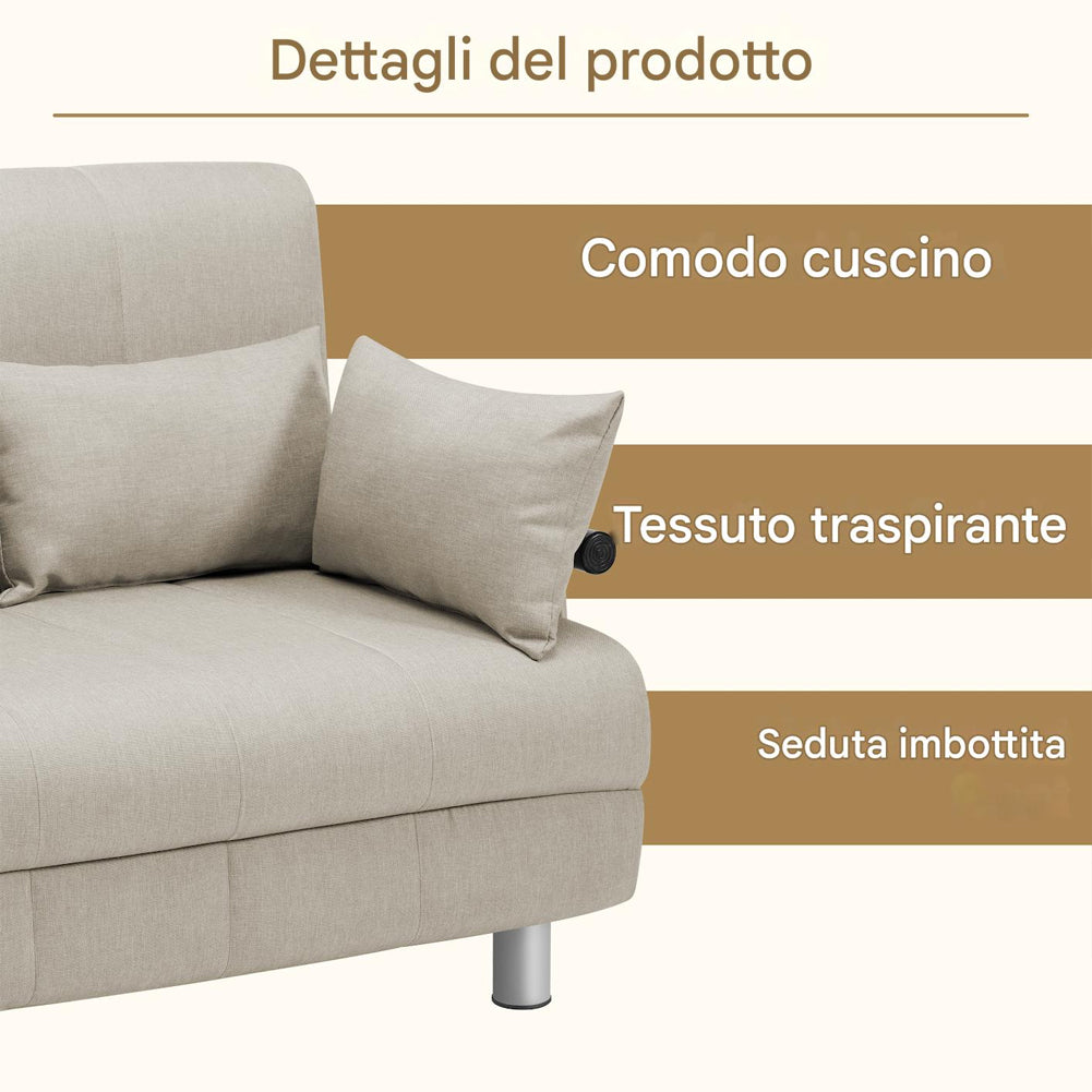 Divano Poltrona Letto 2 Posti Schienale Reclinabile in Metallo e Tessuto Salvaspazio Crema