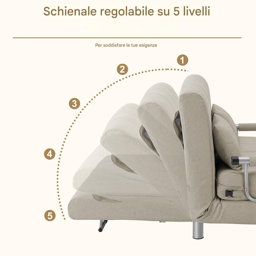 Divano Poltrona Letto 2 Posti Schienale Reclinabile in Metallo e Tessuto Salvaspazio Crema