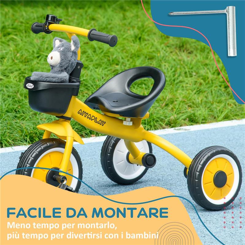 TRICICLO PER BAMBINI DA 2-5 ANNI CON SEDUTA REGOLABILE E CAMPANELLO, 70.5X50X58CM, GIALLO
