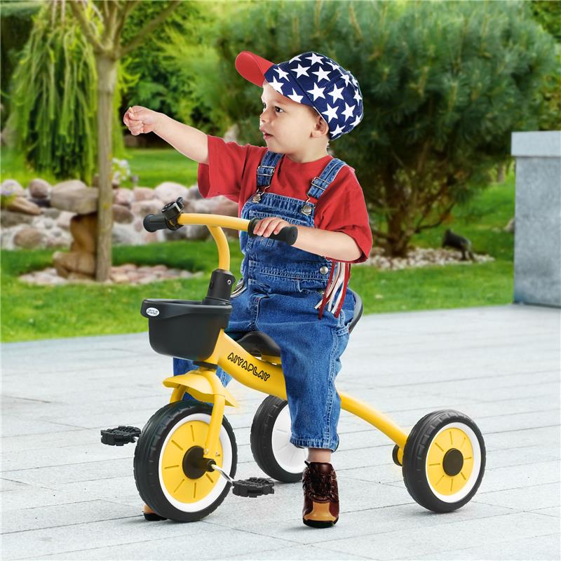 TRICICLO PER BAMBINI DA 2-5 ANNI CON SEDUTA REGOLABILE E CAMPANELLO, 70.5X50X58CM, GIALLO