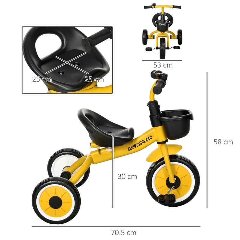 TRICICLO PER BAMBINI DA 2-5 ANNI CON SEDUTA REGOLABILE E CAMPANELLO, 70.5X50X58CM, GIALLO