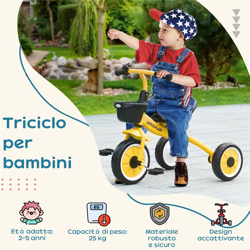 TRICICLO PER BAMBINI DA 2-5 ANNI CON SEDUTA REGOLABILE E CAMPANELLO, 70.5X50X58CM, GIALLO