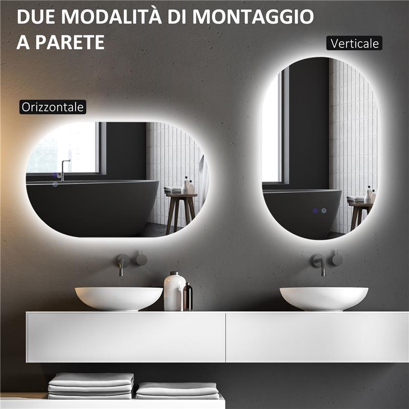 SPECCHIO BAGNO LED ANTIAPPANNAMENTO CON LUMINOSITÀ REGOLABILE, IN VETRO E ALLUMINIO, 81X51X4.5 CM