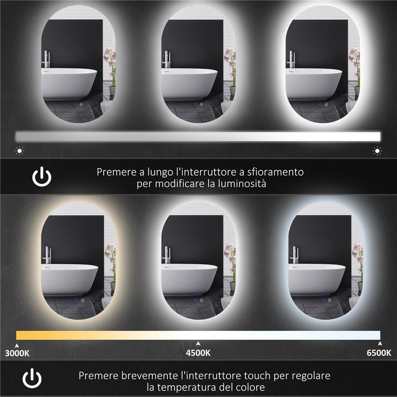 SPECCHIO BAGNO LED ANTIAPPANNAMENTO CON LUMINOSITÀ REGOLABILE, IN VETRO E ALLUMINIO, 81X51X4.5 CM