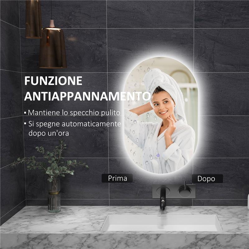 SPECCHIO BAGNO LED ANTIAPPANNAMENTO CON LUMINOSITÀ REGOLABILE, IN VETRO E ALLUMINIO, 81X51X4.5 CM