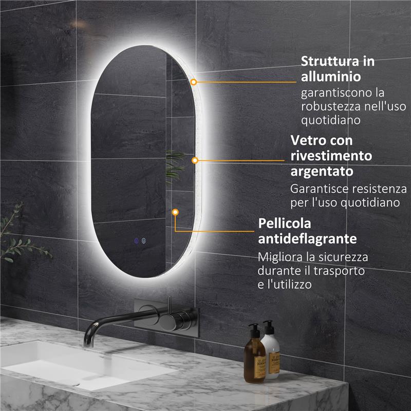SPECCHIO BAGNO LED ANTIAPPANNAMENTO CON LUMINOSITÀ REGOLABILE, IN VETRO E ALLUMINIO, 81X51X4.5 CM