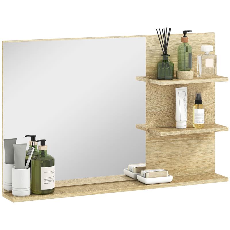 SPECCHIO BAGNO MODERNO CON 2 RIPIANI LATERALI E RIPIANO INFERIORE, IN LEGNO E VETRO, 75X10X48 CM, COLOR LEGNO
