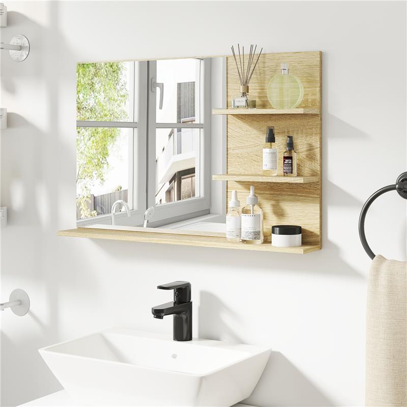 SPECCHIO BAGNO MODERNO CON 2 RIPIANI LATERALI E RIPIANO INFERIORE, IN LEGNO E VETRO, 75X10X48 CM, COLOR LEGNO