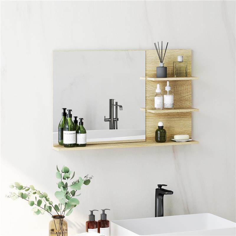SPECCHIO BAGNO MODERNO CON 2 RIPIANI LATERALI E RIPIANO INFERIORE, IN LEGNO E VETRO, 75X10X48 CM, COLOR LEGNO