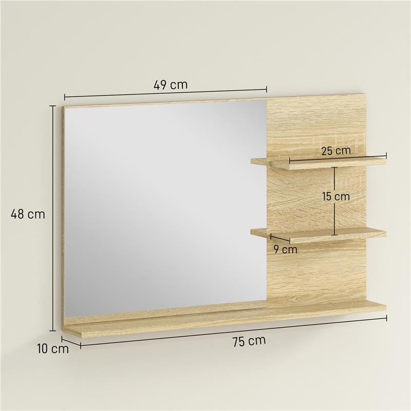 SPECCHIO BAGNO MODERNO CON 2 RIPIANI LATERALI E RIPIANO INFERIORE, IN LEGNO E VETRO, 75X10X48 CM, COLOR LEGNO