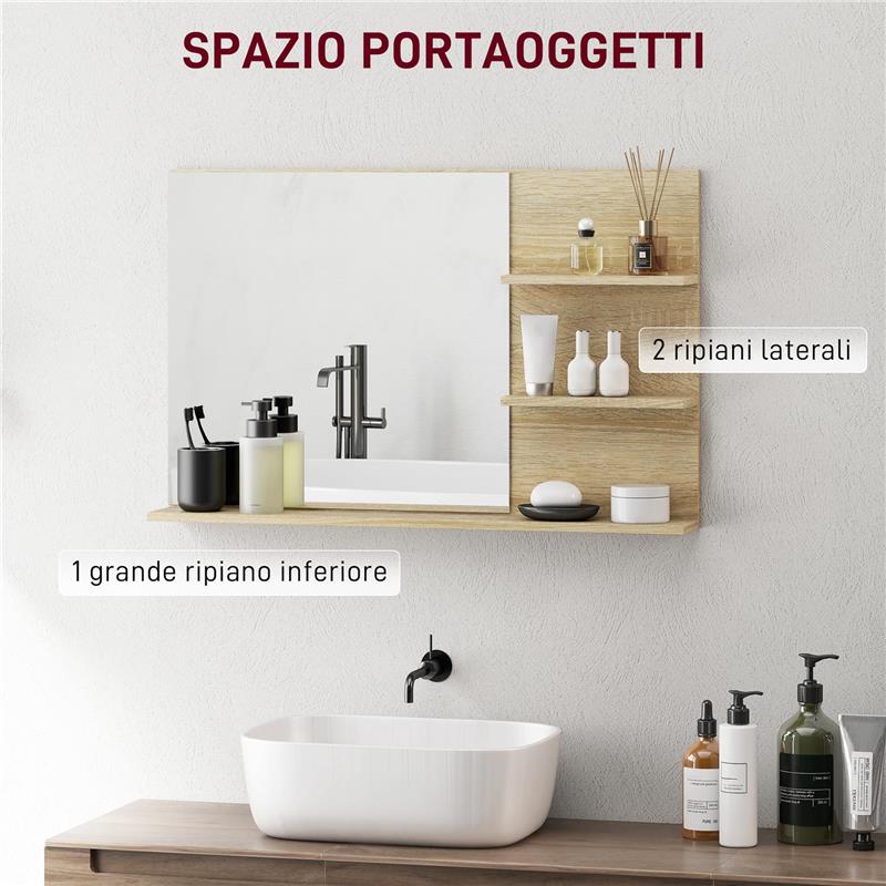 SPECCHIO BAGNO MODERNO CON 2 RIPIANI LATERALI E RIPIANO INFERIORE, IN LEGNO E VETRO, 75X10X48 CM, COLOR LEGNO