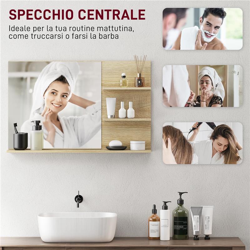 SPECCHIO BAGNO MODERNO CON 2 RIPIANI LATERALI E RIPIANO INFERIORE, IN LEGNO E VETRO, 75X10X48 CM, COLOR LEGNO