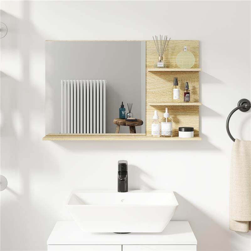 SPECCHIO BAGNO MODERNO CON 2 RIPIANI LATERALI E RIPIANO INFERIORE, IN LEGNO E VETRO, 75X10X48 CM, COLOR LEGNO