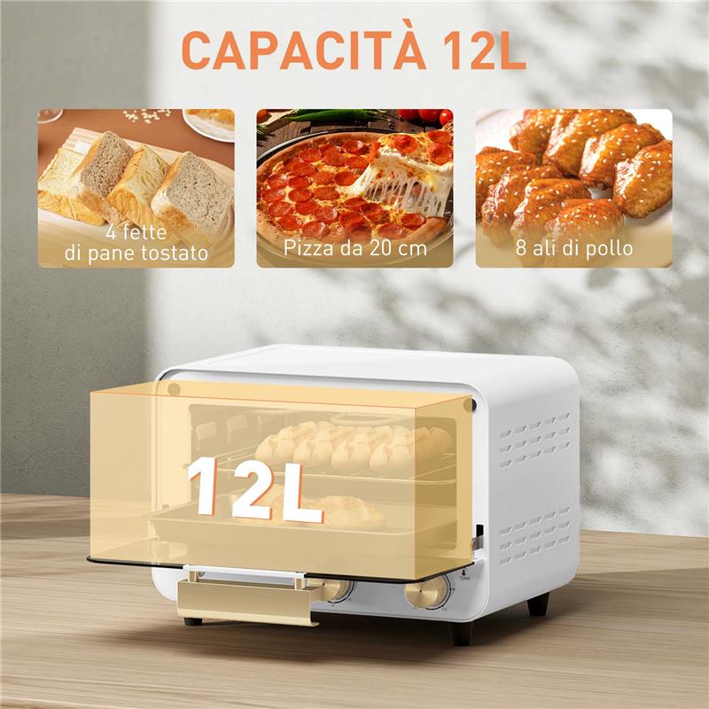 FORNETTO ELETTRICO 12L CON TIMER E TEMPERATURA REGOLABILE IN ACCIAIO E PLASTICA 31.5X27.7X22.7 CM BIANCO E ORO